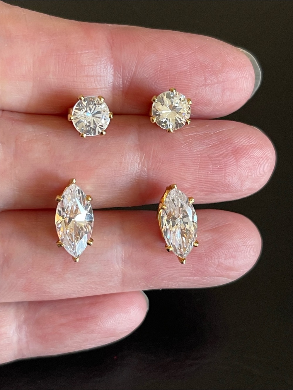 Gold plated Prong Set CZ Stud Earrings - Round and Marquise Options.